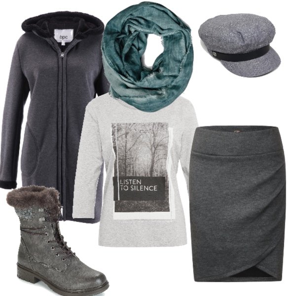 Outfit donna - Comodità avvolgente. Stile Urban per Ufficio. Abbinamento con felpe, stivaletti grigio, gonna melange grigio, camicia con stampa, cappello taglia unica verde, cappello con visiera contrasto grigio.
