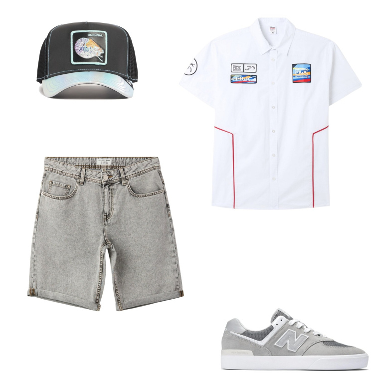 Outfit uomo - Camicia in tessuto tecnico. Stile Trendy per Tutti i giorni. Abbinamento con camicie a manica corta, bermuda, sneakers, cappelli con visiera.