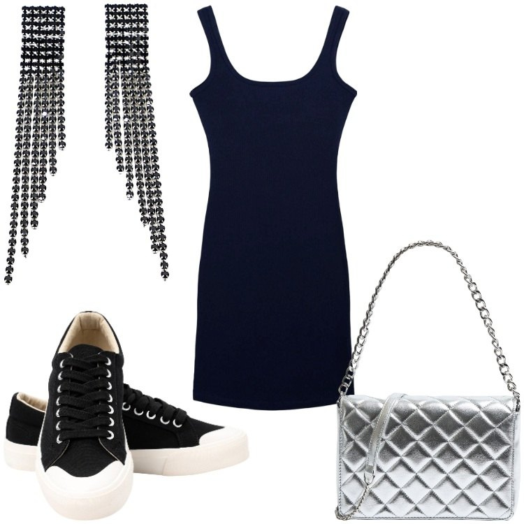 Outfit donna - Giovane. Stile Casual per Serata fuori. Abbinamento con vestiti corti, borse a tracolla, orecchini, sneakers.