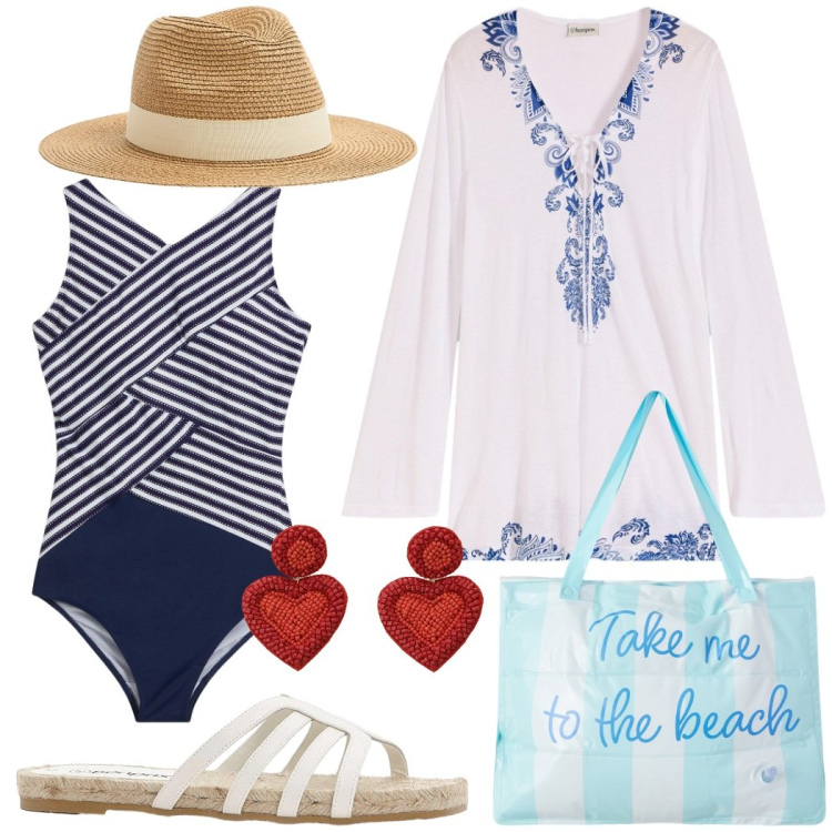 Outfit donna - Al mare dal mattino all\' aperitivo. Stile Casual chic per Mare. Abbinamento con costumi interi, ciabatte, vestiti da spiaggia, cappelli, borse tote, orecchini.