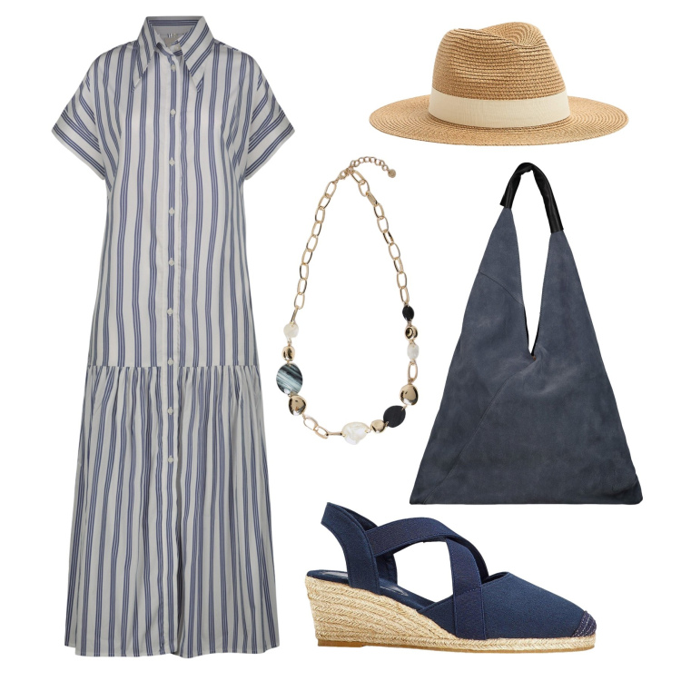 Outfit donna - Lo chemisier lungo in città. Stile Trendy per Tutti i giorni. Abbinamento con sandali col tacco, cappelli, collane, vestiti chemisier, borse a spalla.