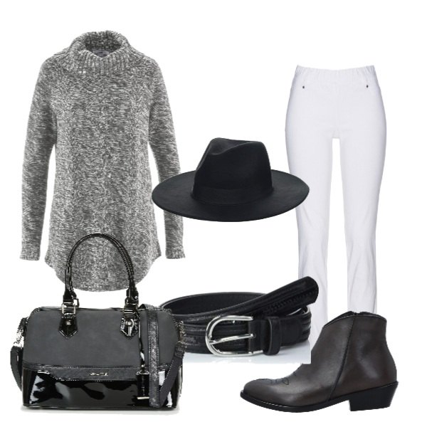 Outfit donna - Trendy low cost. Stile Trendy per Tutti i giorni. Abbinamento con pantaloni, maglieria, stivaletti con cubano e zip a punta tinta unita, borsetta nero, cappello taglia unica nero, cintura nero.