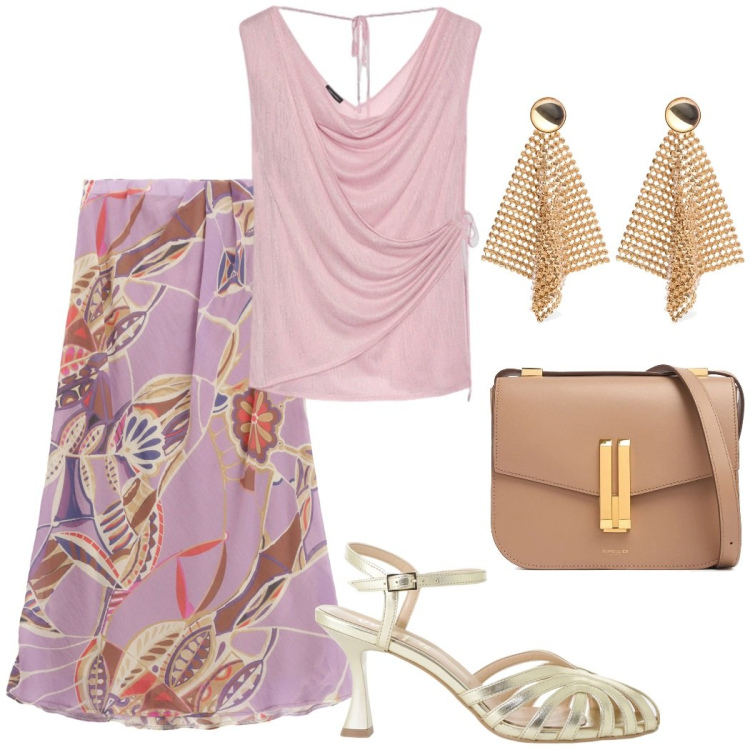 Outfit donna - Cena estiva. Stile Chic per Serata fuori. Abbinamento con sandali col tacco, gonne lunghe, top, borse a spalla, orecchini.