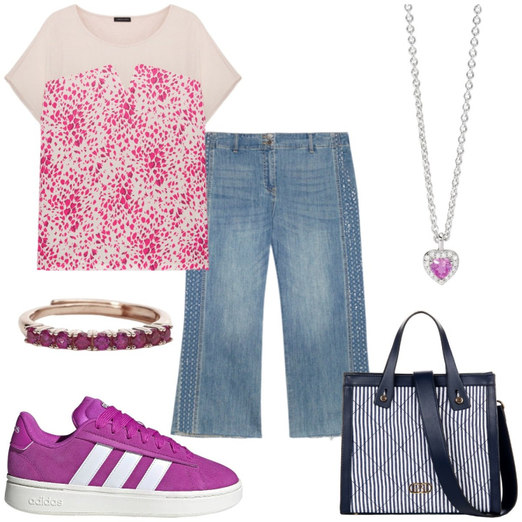 Outfit donna - Sensuale in sneakers. Stile Trendy per Tutti i giorni. Abbinamento con anelli, ciondoli, shopping bag, jeans strappati, bluse, sneakers.