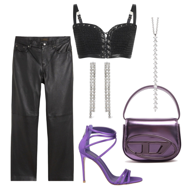 Outfit donna - Stasera mood sexy. Stile Sexy per Serata fuori. Abbinamento con pantaloni, sandali in pelle, top, ciondoli, orecchini, borse a mano.