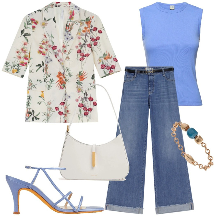 Outfit donna - Happy hour con le amiche. Stile Chic per Serata fuori. Abbinamento con sandali in pelle, jeans, blazer, anelli, borse a spalla, canottiere.