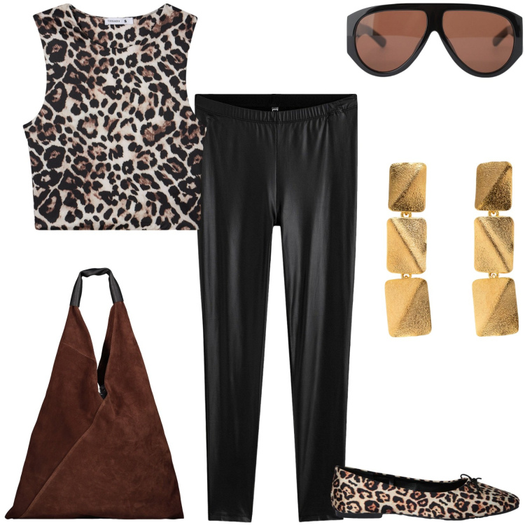 Outfit donna - Aggressive. Stile Urban per Tutti i giorni. Abbinamento con treggings, top, ballerine, occhiali da sole, orecchini, borse a spalla.