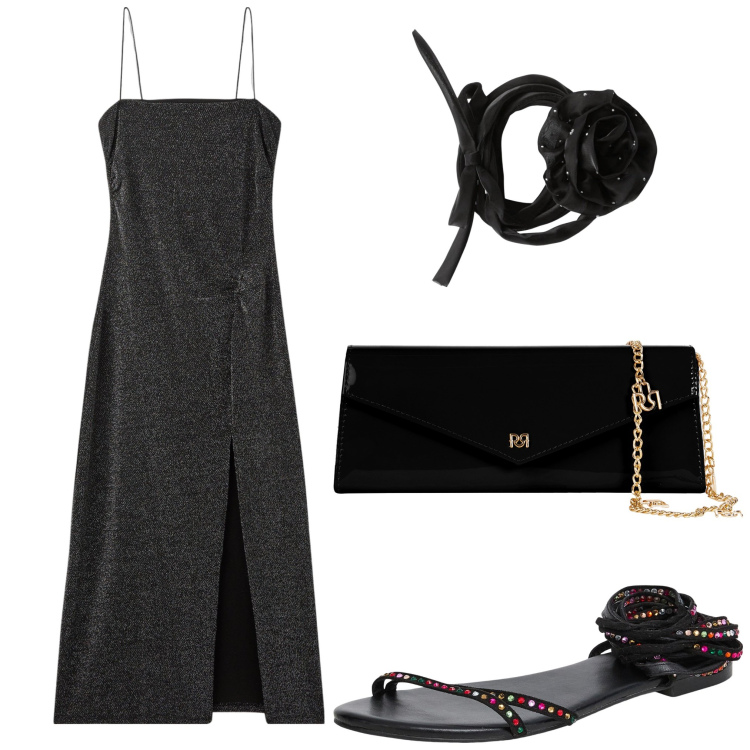 Outfit donna - Serata black. Stile Chic per Serata fuori. Abbinamento con collane, sandali alla schiava, vestiti lunghi, pochette.