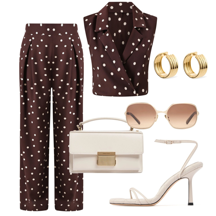 Outfit donna - Trend pois per una cerimonia. Stile Chic per Cerimonia. Abbinamento con pantaloni a palazzo, top, occhiali da sole, sandali in pelle, orecchini, borse a mano.