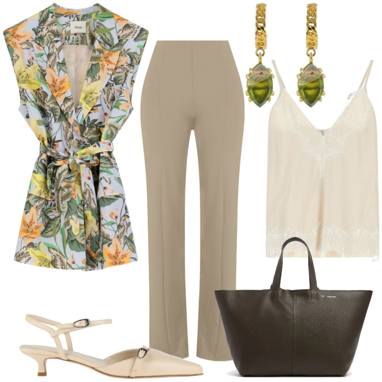 Outfit donna - Happy hour dopo il lavoro. Stile Chic per Ufficio. Abbinamento con décolleté, pantaloni skinny, gilet, top, orecchini, shopping bag.