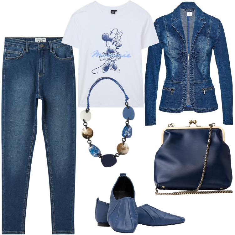 Outfit donna - Sporty chic. Stile Sporty chic per Serata fuori. Abbinamento con blazer, t-shirt, jeans skinny, ballerine, clutch, collane.