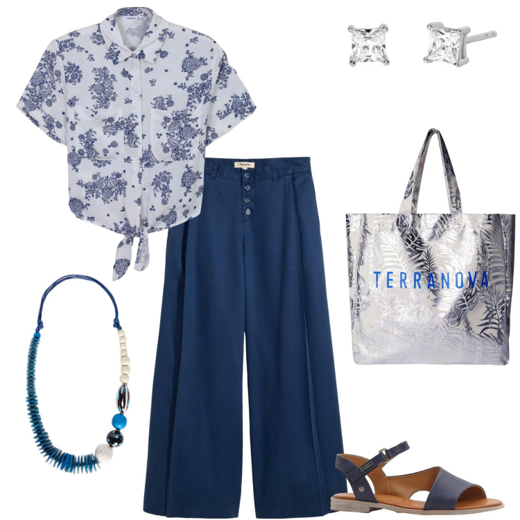 Outfit donna - In ufficio. Stile Casual per Ufficio. Abbinamento con sandali, pantaloni, borse tote, camicie, orecchini, collane.