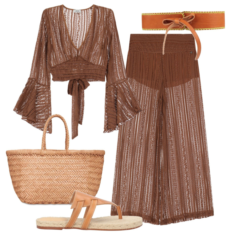 Outfit donna - Passeggiata lungomare. Stile Boho per Tutti i giorni. Abbinamento con espadrillas, cinture, top, pantaloni a palazzo, shopping bag.