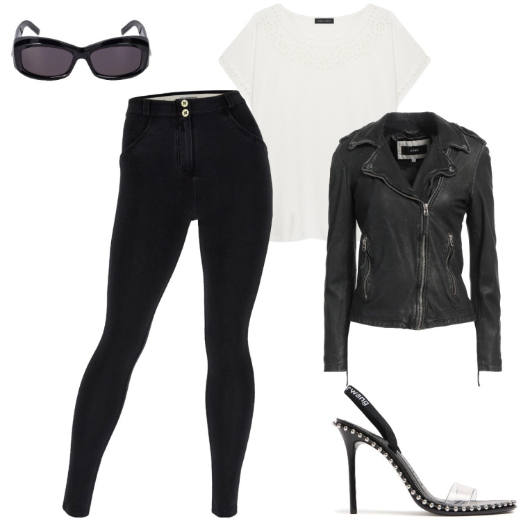 Outfit donna - Sandy …. L’evoluzione. Stile Rock per Serata fuori. Abbinamento con blazer, jeggings, t-shirt, occhiali da sole, sandali in pelle.