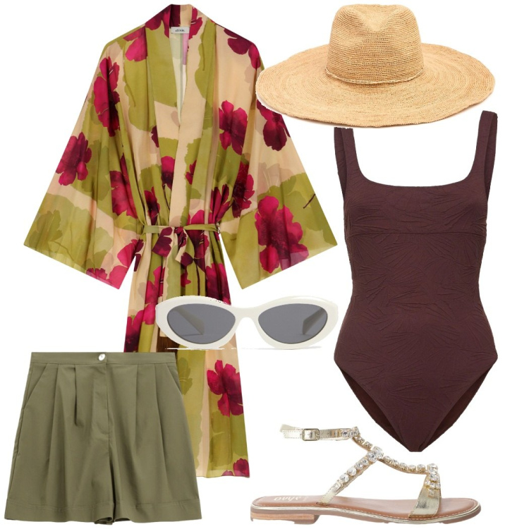 Outfit donna - Diva in crociera. Stile Chic per Mare. Abbinamento con shorts, sandali, cappotti, cappelli, costumi interi, occhiali da sole.