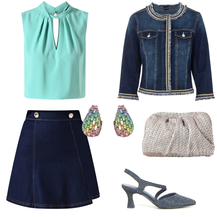 Outfit donna - Serata speciale. Stile Casual chic per Serata fuori. Abbinamento con blazer, top, minigonne, clutch, orecchini, décolleté.