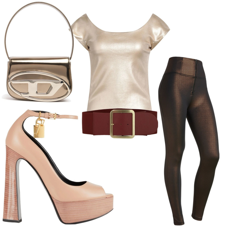 Outfit donna - Anni 80 style. Stile Vintage retrò per Cerimonia. Abbinamento con top, décolleté, pantaloni skinny, cinture, borse a spalla.