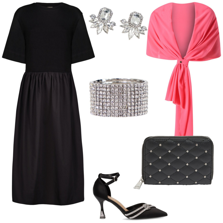 Outfit donna - Cerimonia estiva. Stile Chic per Cerimonia. Abbinamento con orecchini, braccialetti, portafogli, scialli, vestiti midi/longuette, décolleté.