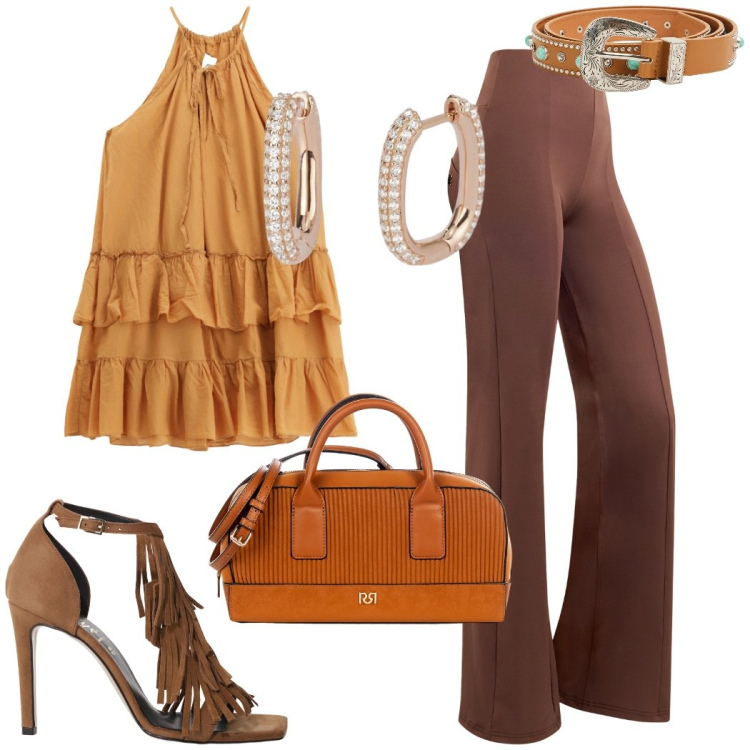 Outfit donna - Anni \'70 style. Stile 70s per Serata fuori. Abbinamento con cinture, orecchini, borse a mano, vestiti corti, décolleté, pantaloni skinny.