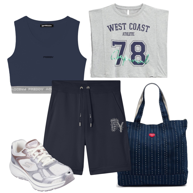 Outfit donna - Oggi palestra !. Stile Casual per Sport. Abbinamento con t-shirt sportive, pantaloncini sportivi, top sportivi, borse tote, scarpe sportive.