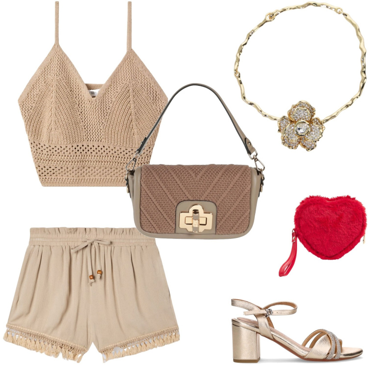 Outfit donna - Sabbia e oro per l\'estate. Stile Trendy per Tutti i giorni. Abbinamento con borse a mano, shorts, top, portafogli, collane, sandali in pelle.