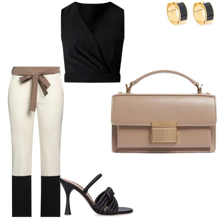 Outfit donna - Pantalone bicolore. Stile Glamour per Serata fuori. Abbinamento con pantaloni, top, sandali in pelle, borse a mano, orecchini.