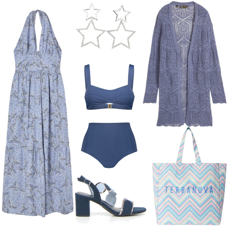 Outfit donna - Al mare. Stile Basic per Mare. Abbinamento con cardigans, orecchini, borse tote, vestiti, bikini, sandali col tacco.