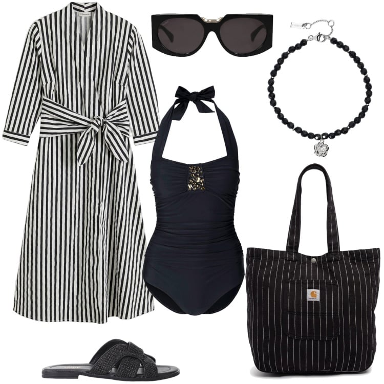 Outfit donna - Righe sul vestito e sulla borsa. Stile Minimal per Mare. Abbinamento con vestiti midi/longuette, costumi interi, occhiali da sole, braccialetti, sandali, borse tote.