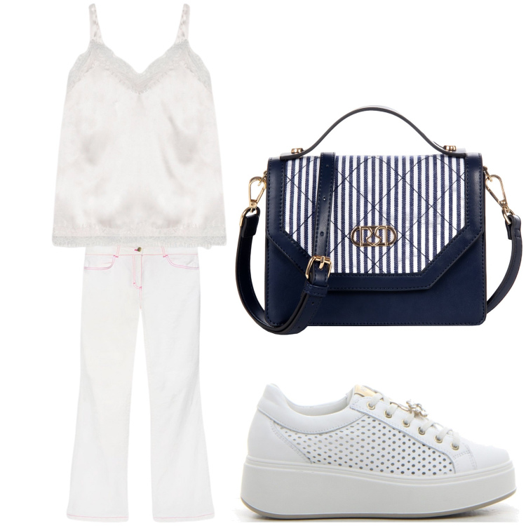 Outfit donna - Aperitivo. Stile Trendy per Tutti i giorni. Abbinamento con borse a mano, canottiere, pantaloni, sneakers.