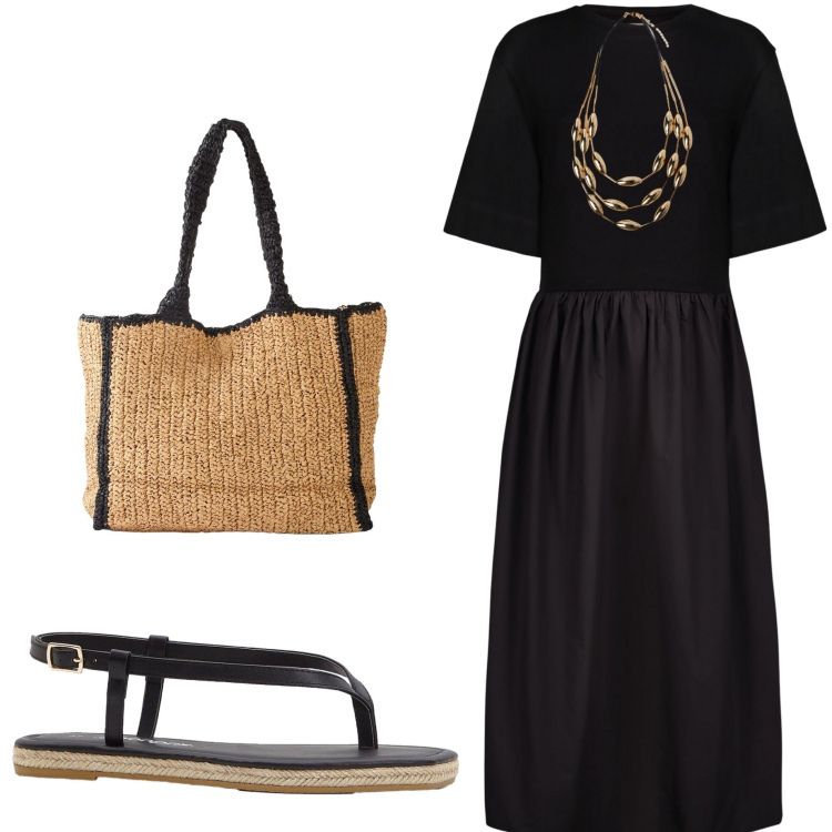 Outfit donna - In città. Stile Casual chic per Tutti i giorni. Abbinamento con shopping bag, ciabatte, vestiti midi/longuette, collane.