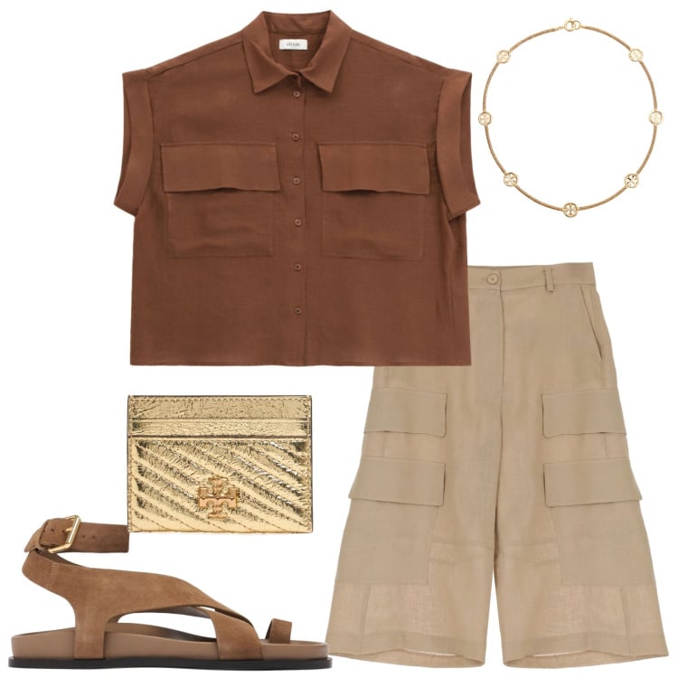 Outfit donna - Tasche ovunque. Stile Casual per Scuola/Università. Abbinamento con shorts, camicie a manica corta, sandali in pelle, collane, portafogli.