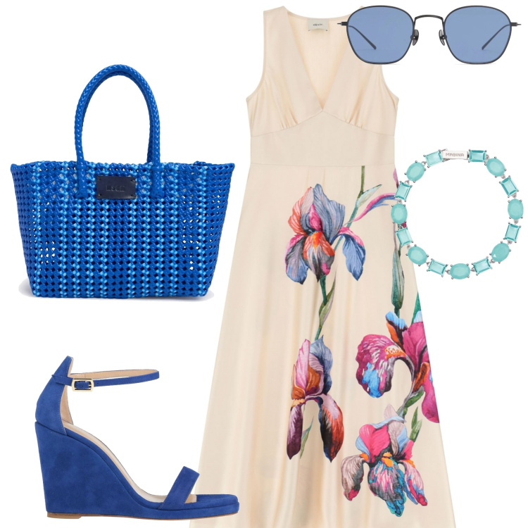 Outfit donna - La stampa fiorata. Stile Casual chic per Ufficio. Abbinamento con sandali in pelle, braccialetti, vestiti senza maniche, shopping bag, occhiali da sole.