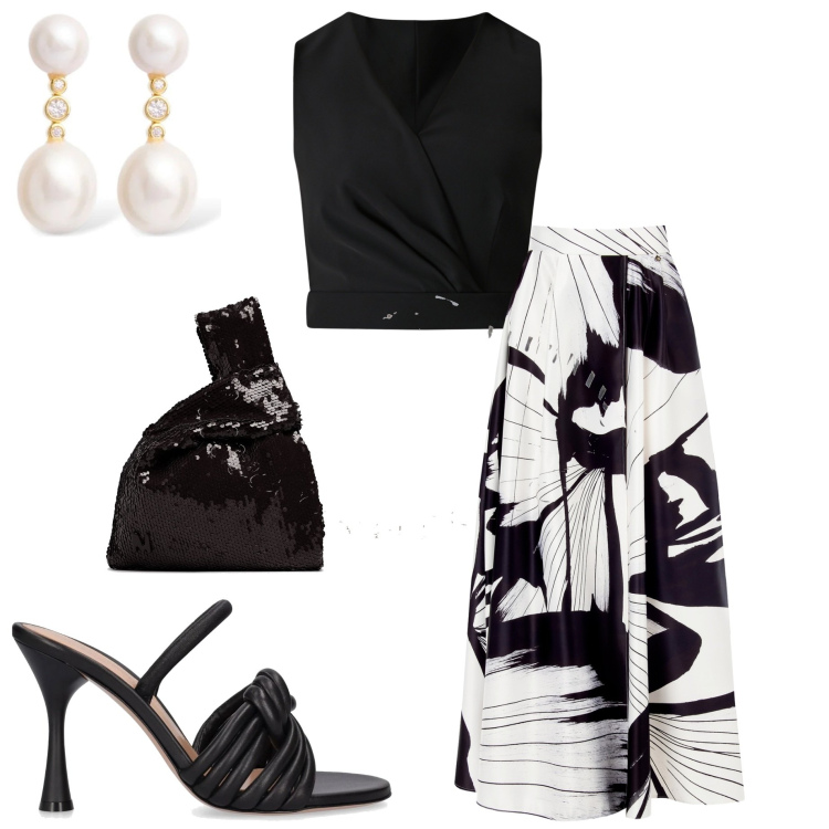 Outfit donna - Black and White. Stile Chic per Serata fuori. Abbinamento con gonne lunghe, top, sandali in pelle, braccialetti, pochette, orecchini.