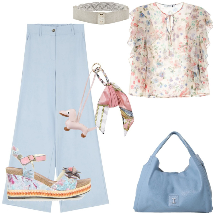 Outfit donna - Bella e comoda. Stile Casual per Tutti i giorni. Abbinamento con cinture, camicie a manica corta, pochette, pantaloni a palazzo, portachiavi, sandali.