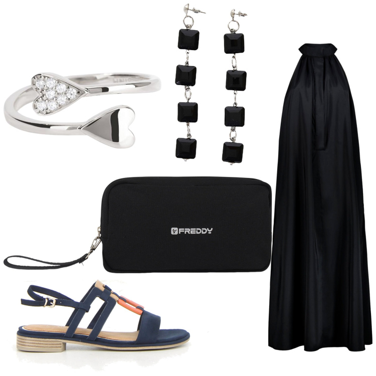 Outfit donna - Nero di sera. Stile Boho per Serata fuori. Abbinamento con anelli, orecchini, valigie, sandali, vestiti.