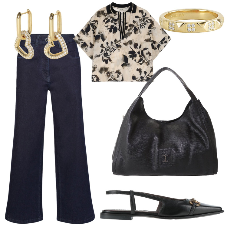 Outfit donna - Total look #2193517. per Serata fuori. Abbinamento con ballerine, orecchini, anelli, pochette, camicie a manica corta, pantaloni.
