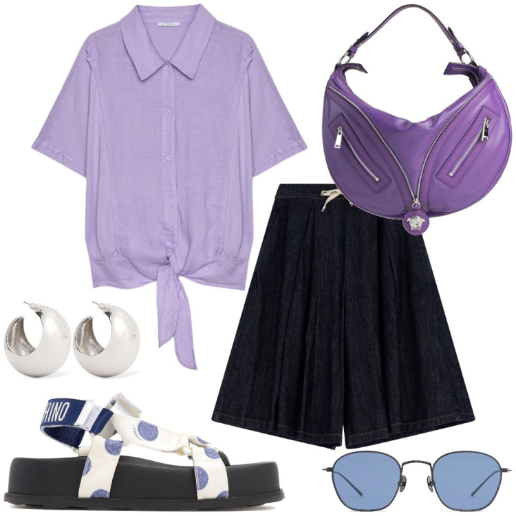 Outfit donna - Urban style. Stile Casual chic per Tutti i giorni. Abbinamento con borse a mano, bermuda, camicie, orecchini, sandali, occhiali da sole.