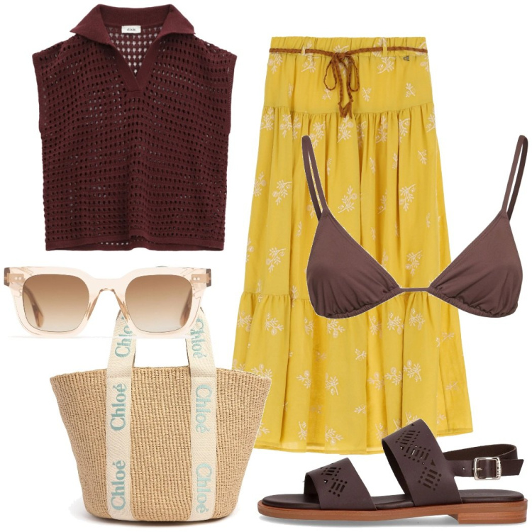 Outfit donna - In vacanza. Stile Boho per Mare. Abbinamento con gonne lunghe, top, occhiali da sole, bikini, sandali, shopping bag.