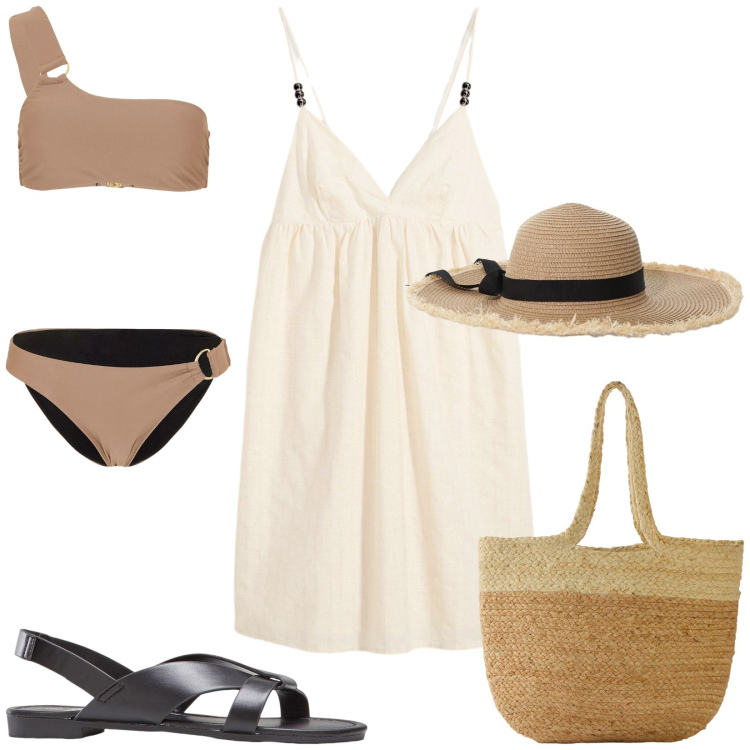 Outfit donna - Total look #2193531. Stile Basic per Mare. Abbinamento con sandali, bikini, vestiti corti, shopping bag, cappelli.