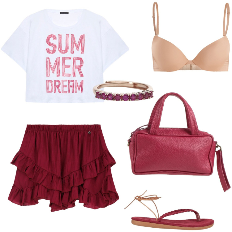 Outfit donna - Summer dream. Stile Casual chic per Serata fuori. Abbinamento con borse a mano, infradito, anelli, reggiseni push-up, minigonne, t-shirt.
