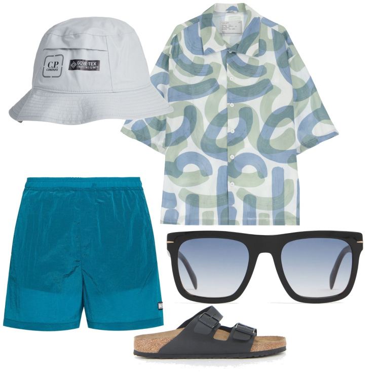 Outfit uomo - In Porto. per Mare. Abbinamento con cappelli, camicie a manica corta, occhiali da sole, sandali, shorts.