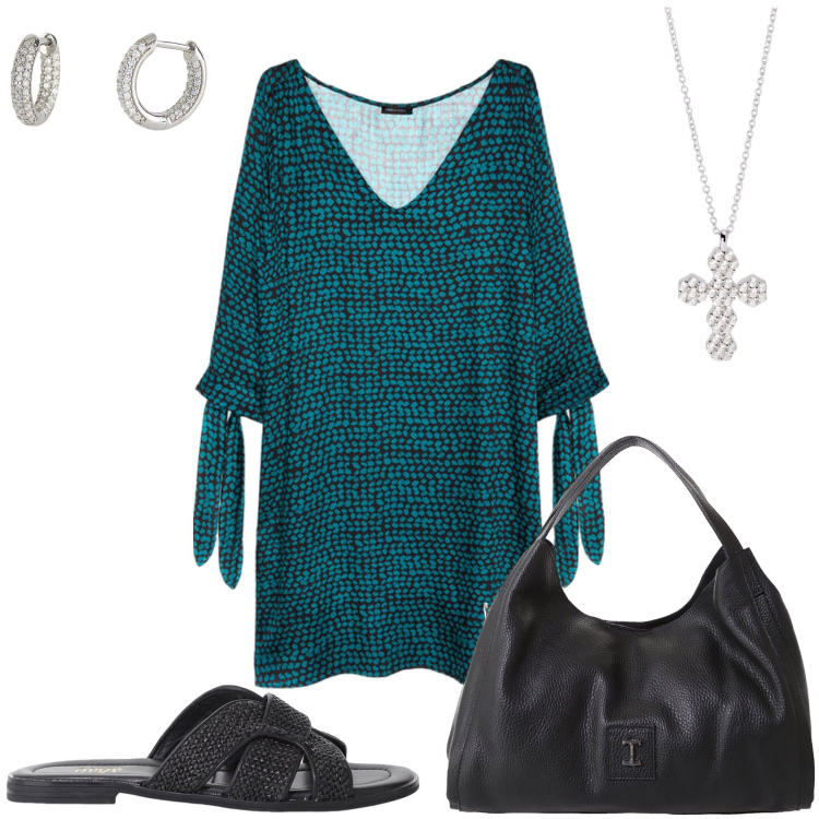 Outfit donna - Pranzo fuori casa. Stile Casual chic per Tutti i giorni. Abbinamento con orecchini, ciondoli, pochette, sandali, vestiti corti.