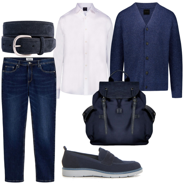 Outfit uomo - Partenza per lavoro. per Ufficio. Abbinamento con jeans dritti, cardigans, camicie, scarpe stringate, cinture, borse sportive.