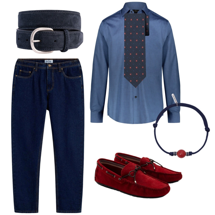 Outfit uomo - Uscita. per Serata speciale. Abbinamento con jeans dritti, braccialetti, scarpe stringate, camicie, cinture, cravatte.