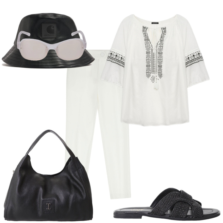 Outfit donna - Casua/etnico bianco e nero. Stile Casual per Tutti i giorni. Abbinamento con pochette, pantaloni, sandali, bluse, cappelli, occhiali da sole.