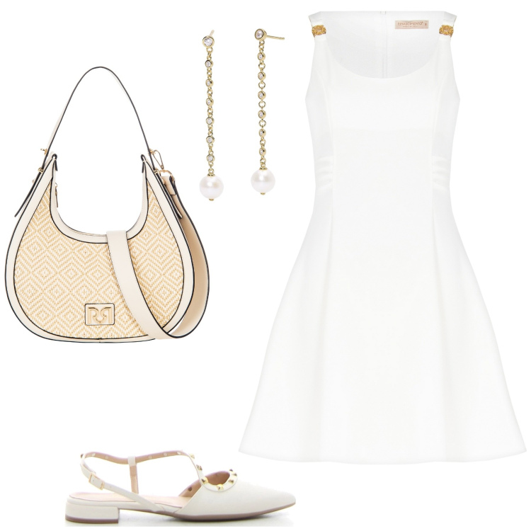 Outfit donna - Bianco curvy power. Stile Chic per Tutti i giorni. Abbinamento con orecchini, vestiti, borse a mano, sandali in pelle.