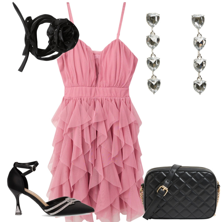 Outfit donna - Sensuale e raffinata. Stile Casual chic per Serata fuori. Abbinamento con collane, borse a tracolla, orecchini, vestiti corti, décolleté.