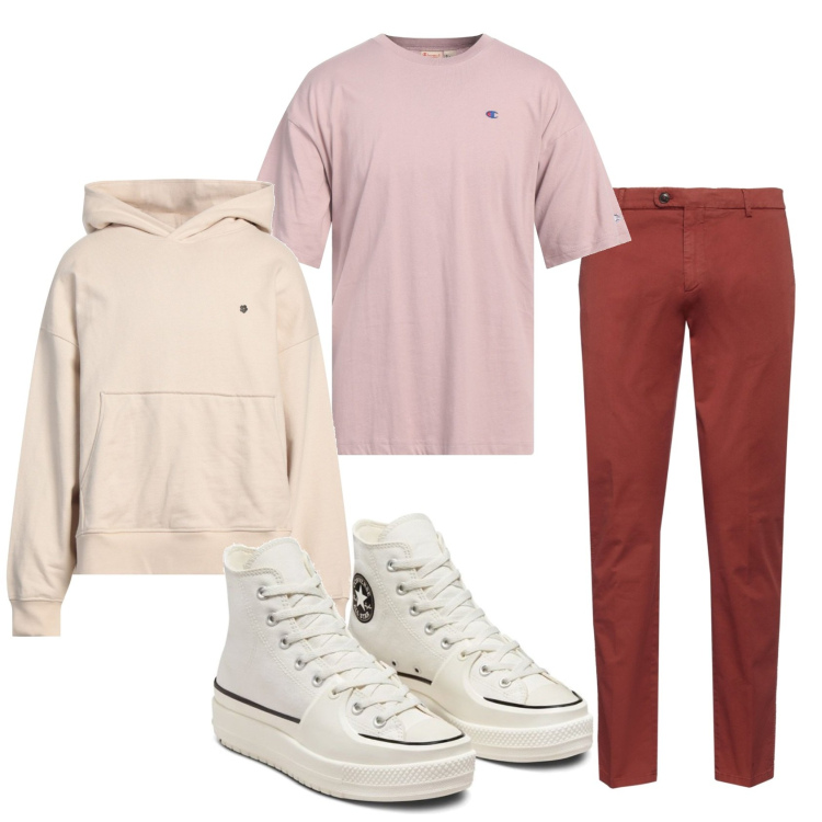 Outfit hombre - Casual look. Estilo Casual para Todos los días. Combinación con sudaderas con capucha, sneakers, camiseta, pantalones.