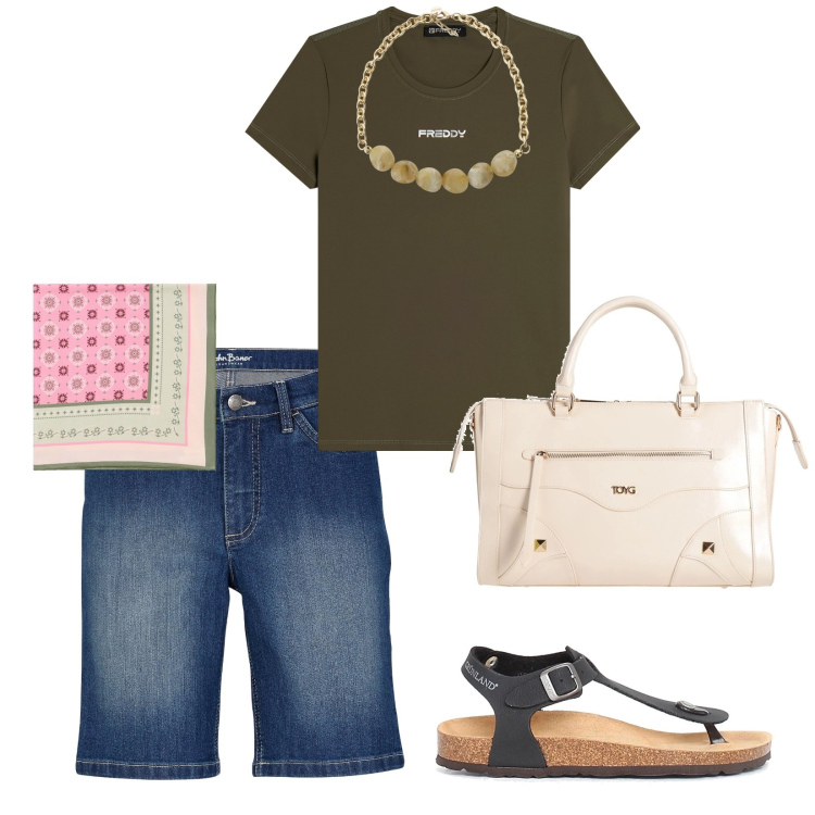 Outfit donna - Ordinata. per Tutti i giorni. Abbinamento con bermuda, borse a mano, foulard, t-shirt, collane, ciabatte.