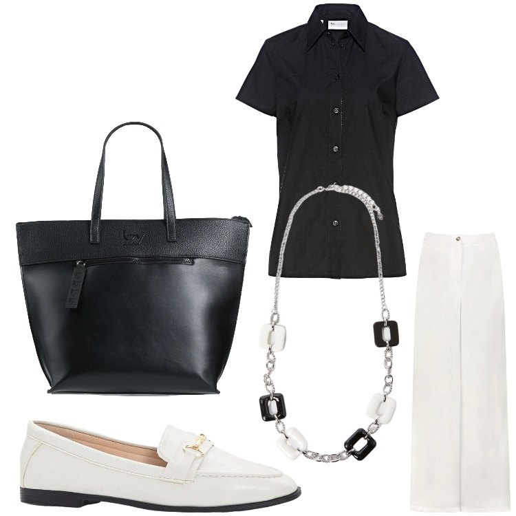 Outfit donna - Domani in ufficio. Stile Bon Ton per Ufficio. Abbinamento con camicie a manica corta, mocassini, borse a mano, pantaloni, collane.